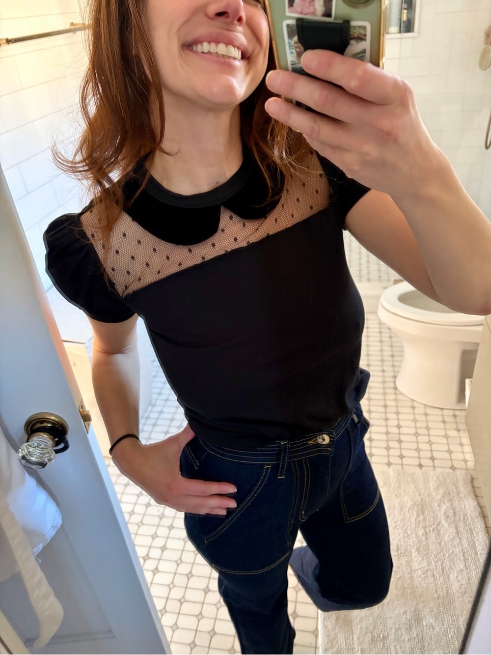 Red Valentino Black Mesh Polka Dot Velvet Peter Pan Collar Top XS NWOT